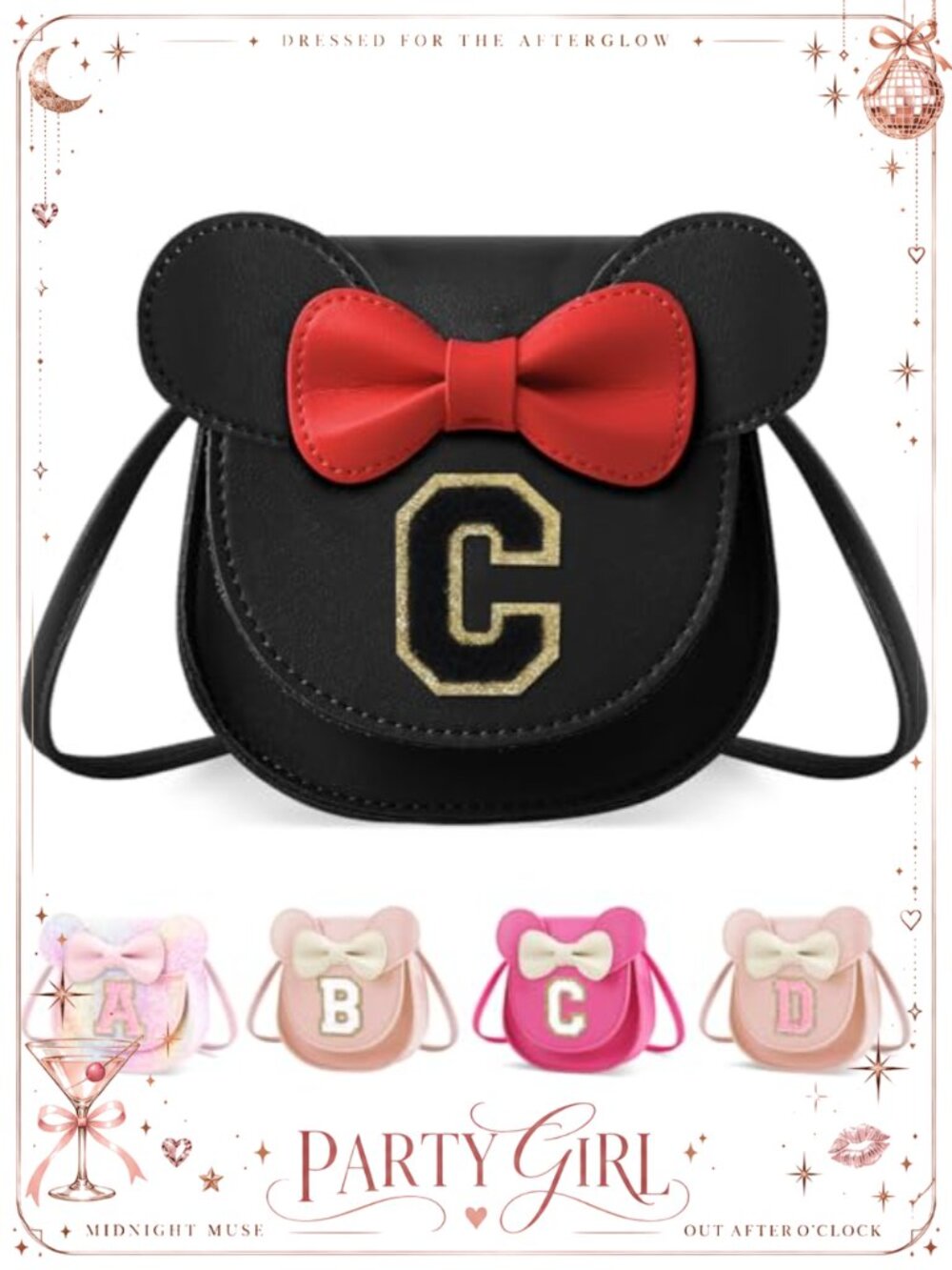 Girls Faux Leather Mouse Ear Bow Crossbody Purse Kids Wallet Initial C